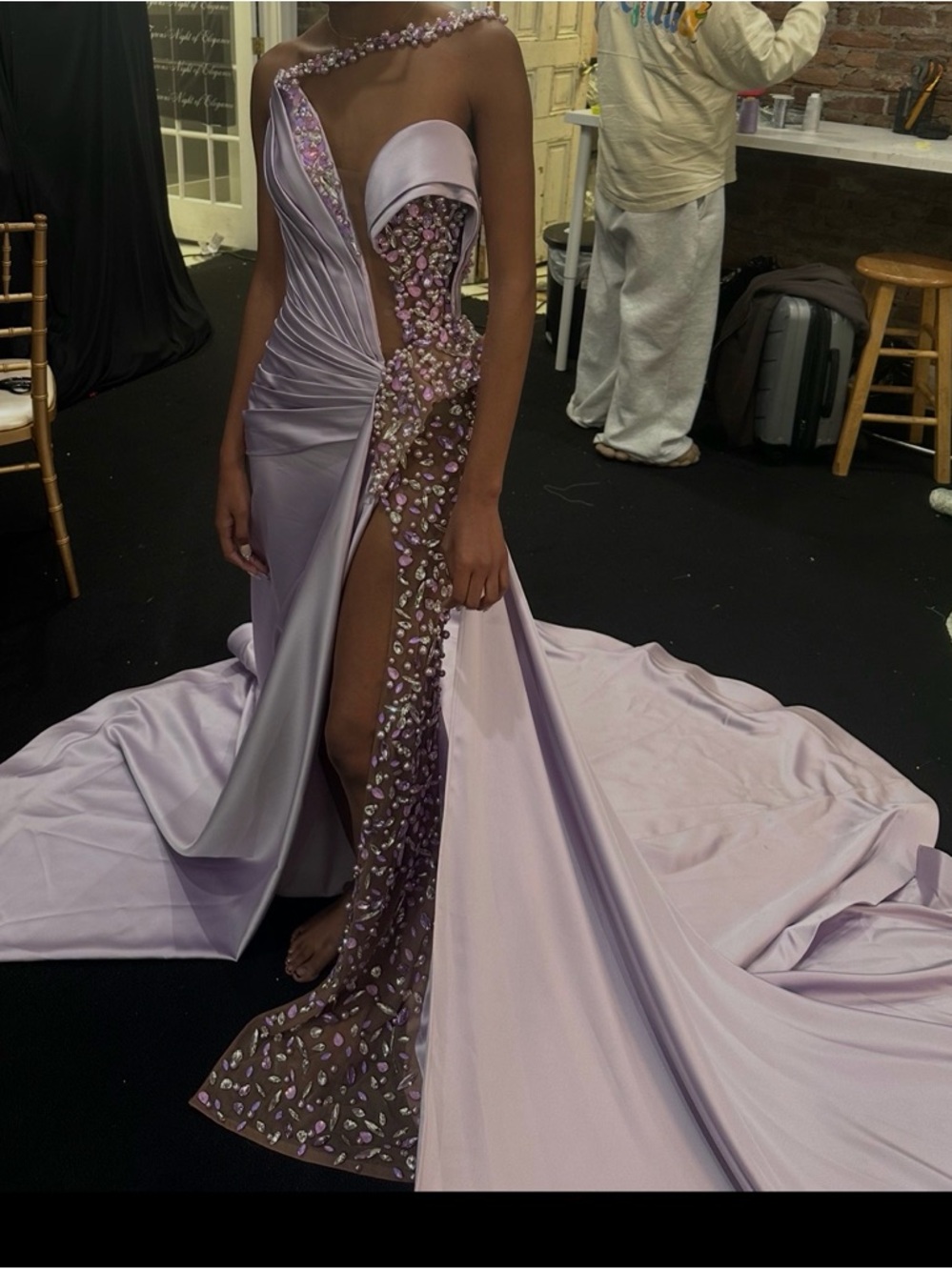 Lavender One-Shoulder Embellished Prom Gown